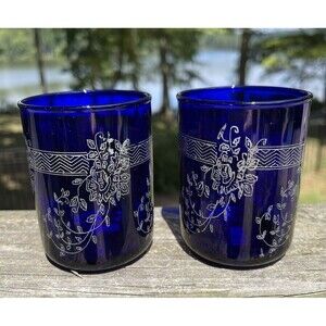 Cobalt Blue W Silver Floral Bar or Juice Glasses Made in Portugal Set Of 2